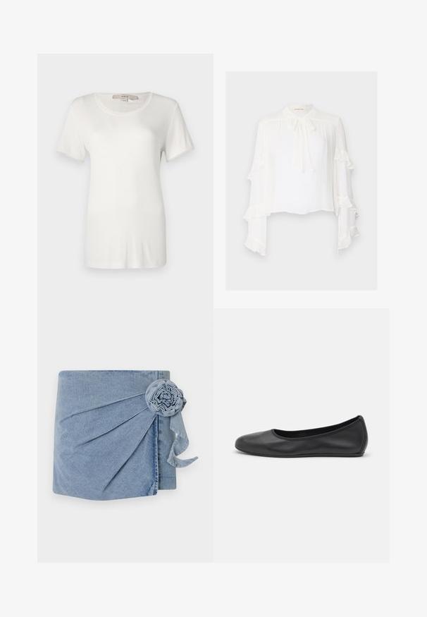 Biała koszulka z krótkim rękawem wykonana z miękkiej, elastycznej bawełny. Posiada okrągły dekolt oraz gładką, jednolitą fakturę bez widocznych wzorów.; Biała bluzka z długimi, rozszerzającymi się rękawami z falbaniastymi brzegami. Wysoka stójka z ozdobnym wiązaniem i lekkim, teksturowanym materiałem.; Denimowy rap z jasnoniebieskim odcieniem, skomplikowanym marszczeniem i dekoracyjnym akcentem w postaci kwiatka z wiszącą wstążką. Miękka tekstura i swobodny fason.; Czarne skórzane baletki z zaokrąglonym noskiem, gładką fakturą, minimalnymi przeszyciami i elastycznym designem podeszwy.