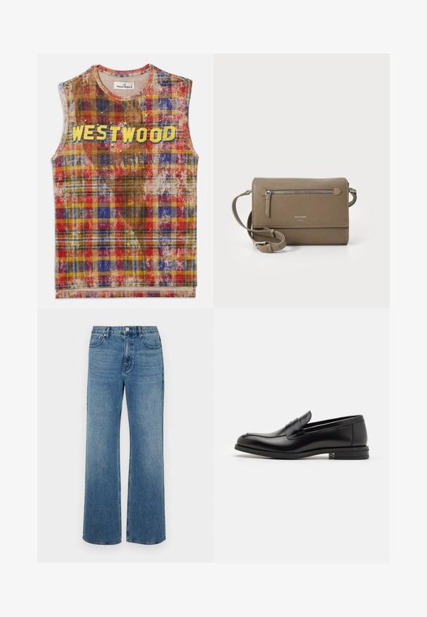 Bešvarkis, raštuotas marškinėliai su raudonomis, mėlynomis, geltonomis ir rudomis atspalviais, su žodžiu "WESTWOOD" ryškiomis geltonomis raidėmis per krūtinę ir žvaigždžių akcentais.; Platus blaujos džinsai, pagaminti iš dėvėtos džinsinio audinio. Sukurtas su penkiomis kišenėmis, priekiniais sagčių uždarymu ir tiesiu kirpimu.; Juodos odinės loafers, turinčios lygų paviršių, apvalią noselę ir dekoratyvinę juostą per priekinę dalį. Žemas krentantis kulnas, minimalistinis dizainas.; Kakavinės odos per petį maišas su užtrauktuku priekinėje kišenėje, reguliuojama dirželiu, akmens tekstūra ir iškilniu logotipu priekyje.