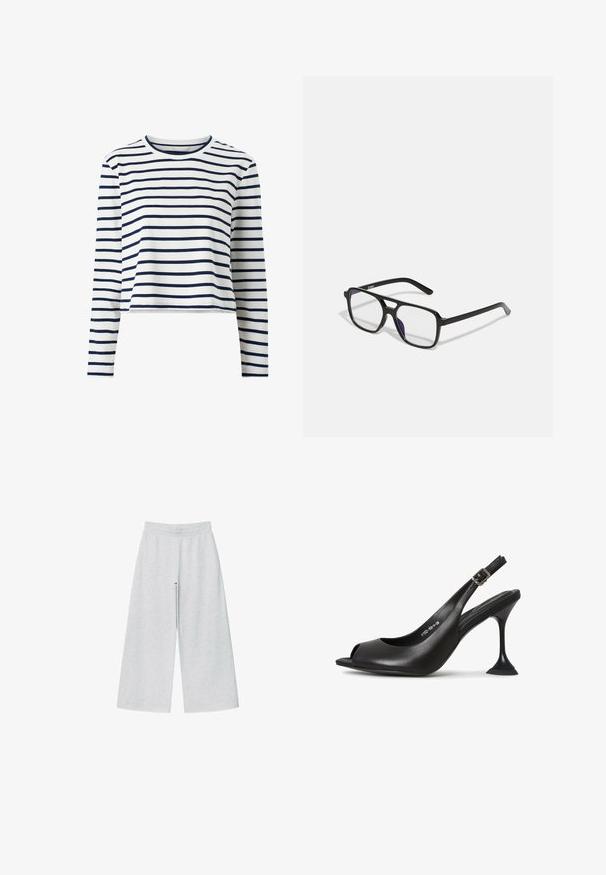 Langeærmet croppet top lavet af blødt stof med hvide og marineblå vandrette striber, rund halsudskæring og enkel skæring.; Lys grå vidtgående bukser lavet af blødt stof med elastisk talje. Designet har en løs pasform for komfort og bevægelsesfrihed.; Sort læder slingback hæl med åben tå, spids form, smal hæl der udvider sig, og en firkantet base. Tekstureret overflade og spænde detaljer.; Sorte rektangulære briller med klare linser og en subtil lilla nuance, der har slanke arme og et minimalistisk design.