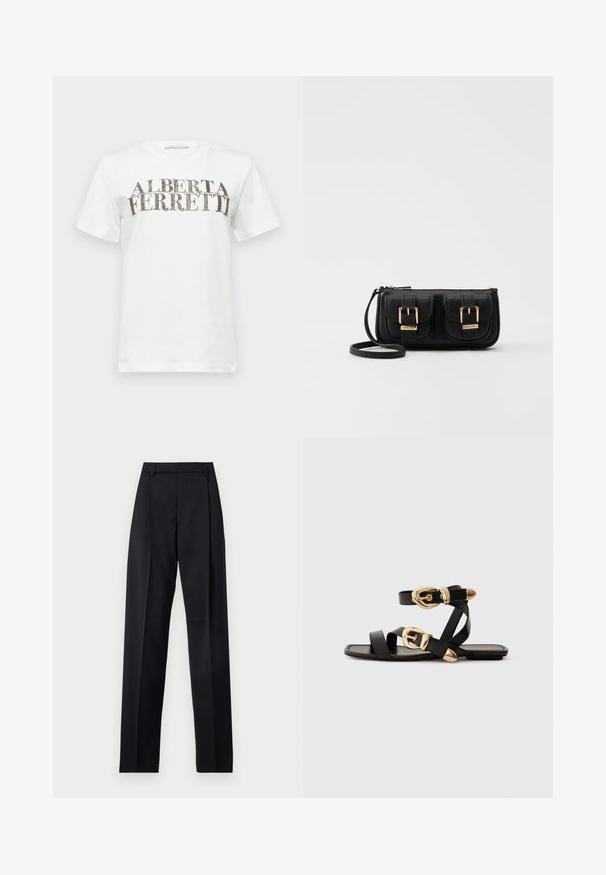 Biely bavlnený tričko s výrazným čiernym a strieborným grafickým textom s nápisom „ALBERTA FERRETTI.“ Krátke rukávy a okrúhly výstrih.; Čierne nohavice vyrobené z hladkej látky s vysokým pásom, širokými nohavicami, prednými záhybmi a klasickými pútkami na opasok. Žiadne bočné vrecká nie sú viditeľné.; Čierne kožené sandále so zlatými prackami, s viacerými pásikmi a plochou podrážkou pre otvorené nosenie.; Čierna kožená crossbody taška s dvoma prednými vreckami, zlatými sponami, zipsovým uzatváraním a úzkym popruhom. Štruktúrovaný povrch a kompaktný obdĺžnikový tvar.