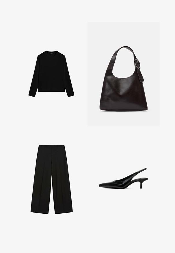 Black long-sleeve top made of smooth fabric, featuring a round neckline and a cropped hem. Simple design with no visible patterns or accents.; Black wide-leg trousers made of soft fabric, featuring a high waist and pleats, with a smooth texture and no visible embellishments.; Black pointed-toe slingback shoe with a glossy leather finish and a thin, low heel. Features a cutout on the side for breathability.; Brown leather shoulder bag with a smooth texture, rounded shape, wide strap, and circular metallic accent on the handle.