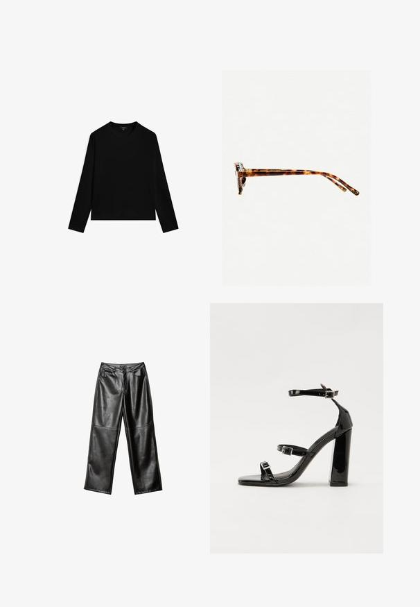 Czarny top z długim rękawem, wykonany z gładkiego materiału, z okrągłym dekoltem i skróconym wykończeniem. Prosty design bez widocznych wzorów czy akcentów.; Czarne skórzane spodnie typu wide-leg o gładkiej fakturze, zaprojektowane w pięć kieszeni oraz z przeszyciami wzdłuż nóg i pasa.; Czarne lakierowane sandały na obcasie z kwadratowym noskiem, z paskami wokół kostki i srebrnymi klamrami. Posiadają masywny słupek dla stabilności.; Okulary przeciwsłoneczne w kratkę w grubej oprawie, lekko zakrzywionymi zausznikami i gładką teksturą. Charakteryzują się klasycznym wzornictwem i błyszczącym wykończeniem.