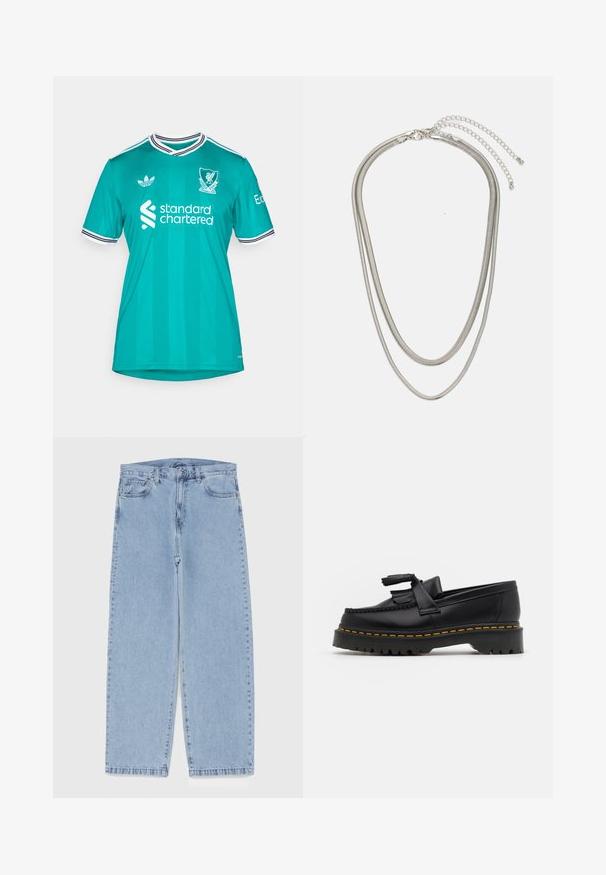 adidas Performance LIVERPOOL FC 25/26 THIRD JERSEY - Klubbklær - sea green; Lyseblå denimjeans med rett ben-design, med mid-rise liv, fem lommer og knap og lynlås lukning.; Svart skinn loafers med en kvastdetalj, med en tjock svart sula och gul sömnad längs kanten. Texturerad yta.; Tre-lags sølvmetallkjede med elegante, fleksible kjeder med en svak glans, sikret med en krabbe-lås og justerbar kjede.