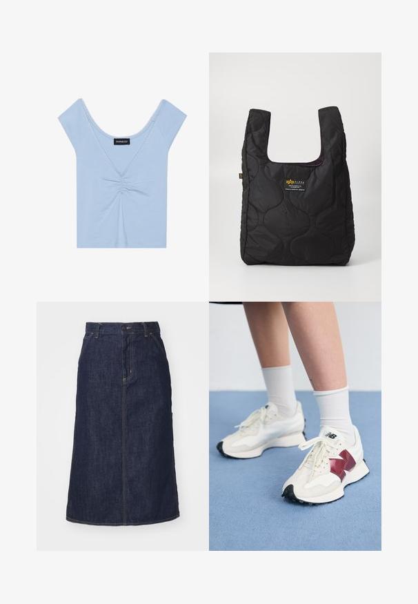 Top azul claro de manga curta feito de tecido macio, com um detalhe franzido na frente, decote em forma de barco e acabamento em forma de ondas ao longo do decote.; Saia de ganga escura de cintura alta, corte reto, com bolsos frontais e costuras aparadas. Apresenta um fecho de correr e botão na cintura.; Par de tênis brancos com detalhes em bordô, painéis texturizados, sola preta lisa e atacadores claros, usados com meias brancas até ao tornozelo.; Saco tote acolchoado preto com uma grande abertura, formas curvas na superfície e uma etiqueta com texto amarelo e branco na parte da frente.