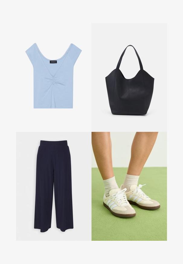 Hele sinine lühikeste varrukatega pluus, mis on valmistatud pehmest kangast, millel on kokku volditud esiosa, ümar kaelus ja laineline äär kaeluse ääres.; Tumed põlvpüksid tumedast meresinisest kangast, millel on sooneline tekstuur. Omab sujuvat vööd ja voolavat siluetti, ulatudes pooleni säärest.; Samba tossud kreemja ja beeži värvilahendusega, millel on kolm helesinist triipu, valged lõngad ja pruunid kummitaldad.; Must must kinnas must rinna, millel on kaarjas avatud ülemine osa, kaks õlarihma ja minimalistlik disain.