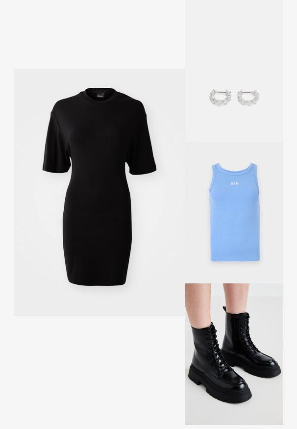 Ljusblå ribbad linne med rundad halsringning, med vit "GAP"-logotyp på bröstet. Mjuk textil, ärmlös design.; Svart klänning med kort ärm i mjukt tyg. Har en rundad halsringning och en figurnära silhuett med knälång fåll.; Svarta läderankelstövlar med en kraftig sula, snörning framtill och sidodragkedja; har en slät yta och upphöjd tåsko.; Silverfärgade hoops örhängen som har klara, rektangulära och triangulära kristaller arrangerade i ett mönstrat design. Stift för säker fastsättning.