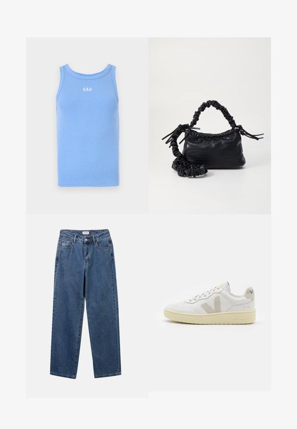 Camisola sem mangas azul-clara de malha com decote redondo, apresentando o logótipo branco "GAP" no peito. Tecido suave.; Jeans de denim azul clássicos com um design de perna reta, cinco bolsos e fecho de botão. Apresenta um tratamento médio e uma textura resistente.; Sapatilha de couro branca com detalhes em camurça bege, biqueira perfurada, atacadores planos e sola texturizada creme. Apresenta uma marcação subtil no calcanhar.; Bolsa de mão em couro sintético preto com textura de crocodilo, topo franzido e alça enrugada. Apresenta um design suave e compacto.