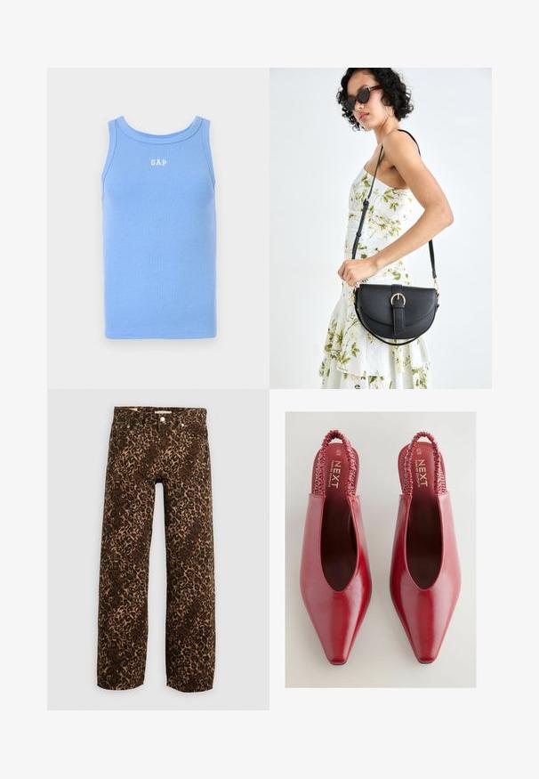 Svetlomodrý rebrovaný top bez rukávov s okrúhlym výstrihom, na hrudi s bielym logom "GAP". Mäkká tkanina, dizajn bez rukávov.; Džínsy s potlačou leopardieho vzoru, široké nohavice v hnedej a béžovej farbe. Vyrobené z denimu, s klasickým dizajnom piatich vreciek a kovovými detailmi.; Červené kožené sandále so špičatými prstami, ktoré majú záznamový elastický pás okolo zadnej časti, hladkú textúru a pohodlne polstrovanú stielku.; Čierna kožená kabelka s zaobleným tvarom, odnímateľným popruhom a zlatými doplnkami. Kabelka má klopu s detailom s prackou.