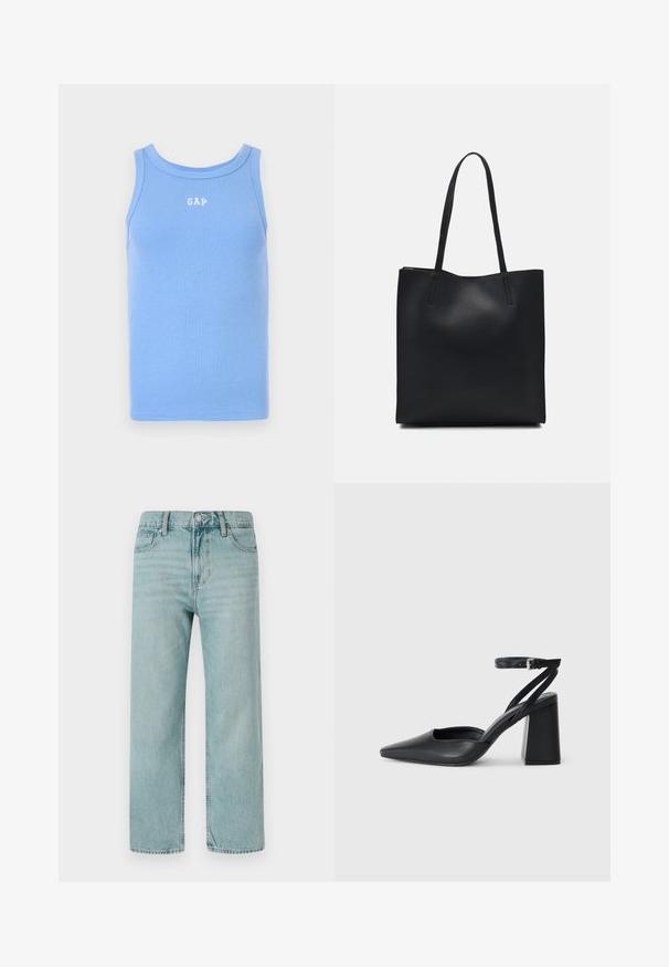 Gaiši zils ribots bez piedurknēm krekliņš ar noapaļotu kakla izgriezumu, uz kura ir baltais "GAP" logotips uz krūšu daļas. Mīksta auduma.; Gaiši zili platās kājas džinsi, izgatavoti no denima, ar klasisku piecu kabatu dizainu, tīrām līnijām un regulāru vidukli ar pogu aizdari.; Melna ādas augstpapēžu kurpe ar norakstīto purngala formu, potītes siksniņu un masīlu papēdi. Gluda tekstūra, elegants dizains un minimālisma estētika.; Melnas ādas somiņa ar gludu tekstūru, taisnstūra formu un divām garām rokturiem. Nav redzamu aparatūras vai rotājumu.