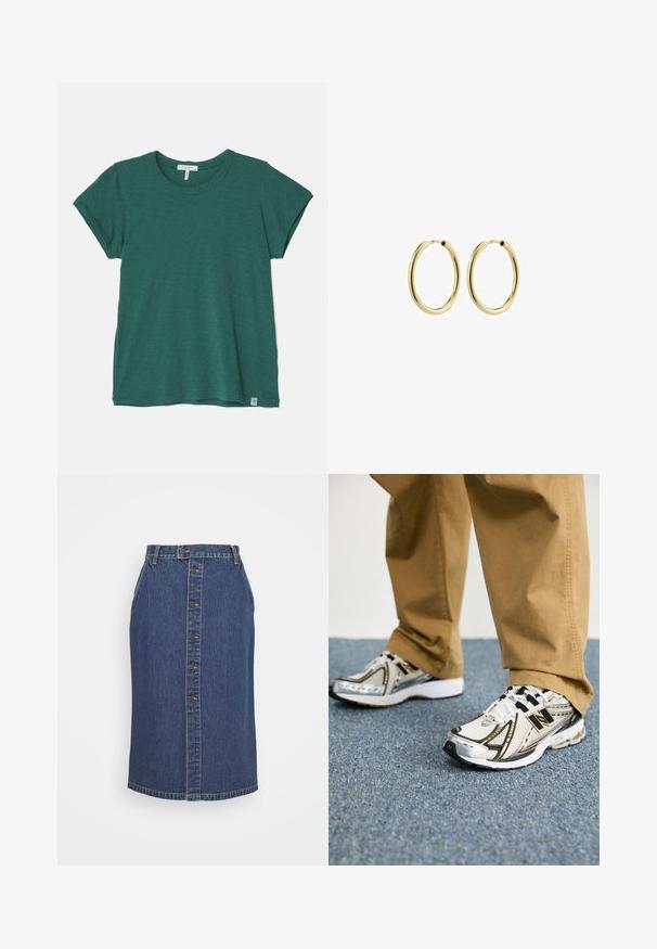 rag & bone THE SLUB - Osnovna majica kratkih rukava - green; Traper suknja olovka u tamnoplavoj boji, s prednjim zatvaranjem na gumbe, vertikalnim šavnim detaljima i klasičnom rubnom linijom.; Bijele i srebrne patike New Balance s crnim naglasima i vezicama, s mrežastim gornjim dijelom, uloškom s amortizacijom i dinamičnim dizajnom.; Zlatne metalne hoop naušnice s glatkom završnom obradom, okruglog oblika i sigurnim kopčanjem. Polirana površina bez vidljivih uzoraka ili akcenata.
