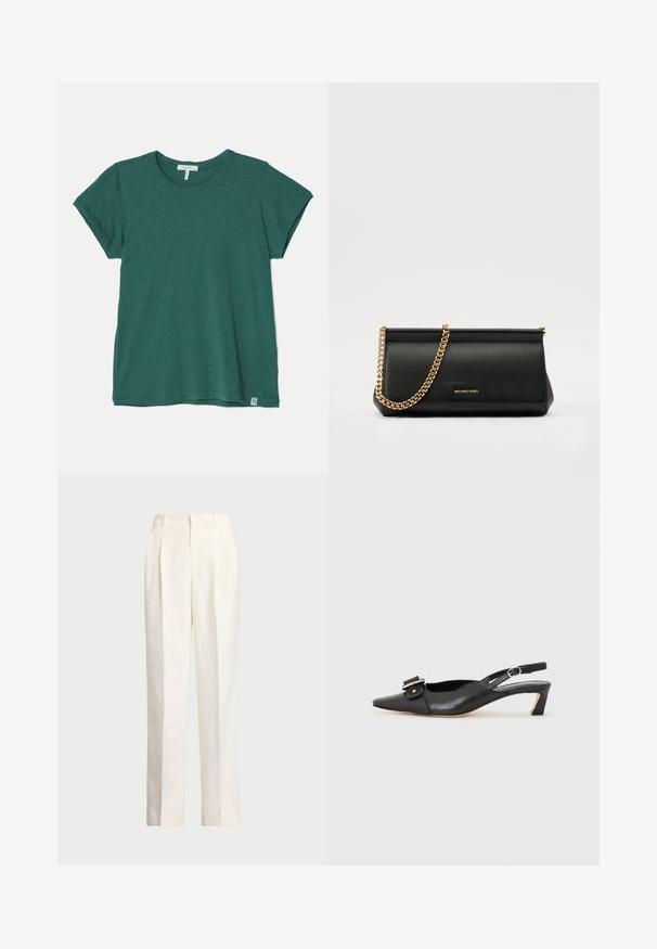 rag & bone THE SLUB - Basic T-shirt - green; Polo Ralph Lauren HEMP WIDE LEG PANT - Trousers - nevis; Black leather slingback shoe with pointed toe, small heel, and decorative buckle detail on the upper. Smooth texture, minimalistic design.; Black leather clutch bag with a gold chain strap, featuring a smooth texture, rectangular shape, and embossed branding on the front.