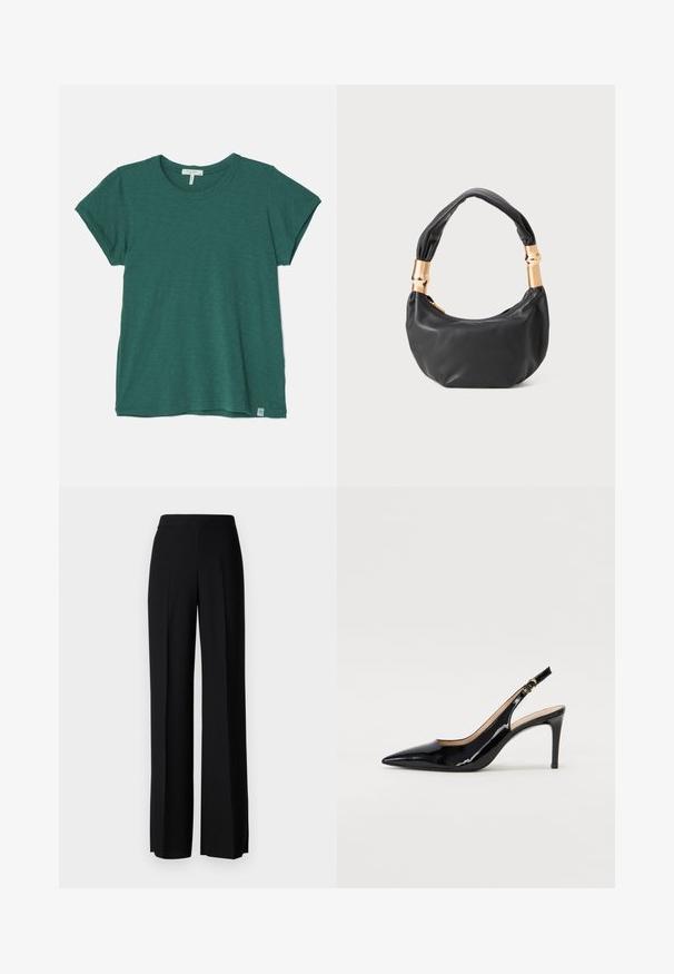 rag & bone THE SLUB - T-Shirt basic - green; Schwarze weite Hosen mit einer glatten Textur, ausgestattet mit einem hohen Bund und mittleren Falten. Keine sichtbaren Muster oder Hardware-Details.; Schwarz lackierte Slingback-Pumps mit spitzem Zehenbereich, schlankem Absatz und einem subtilen Ausschnittdesign. Verfügt über eine goldene Schnalle am Riemen.; Schwarze Lederhandtasche mit runder Form, weicher Textur und einem geknoteten Griff mit goldfarbenen Hardware-Akzenten. Reißverschlussverschluss.