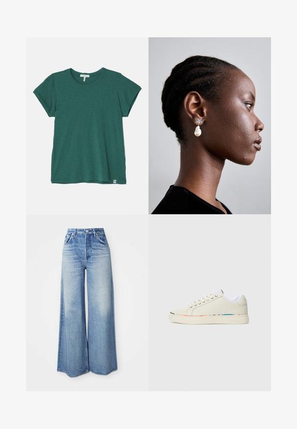 rag & bone THE SLUB - Jednoduché tričko - green; Džíny s širokými nohavicemi vyrobené z světle modrého denimu, s vysokým pasem, pěti kapsami, vybledlým vzhledem a třepeným lemem.; Nízké tenisky v off-white barvě s šněrováním, bílým vnitřním podšíváním a jemným vícebarevným lemem podél okraje podešve, boční pohled.; Tory Burch STAR DROP EARRING - Náušnice - silver-coloured