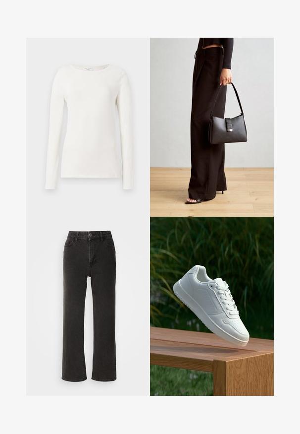 Long-sleeve white cotton shirt with a round neckline, smooth texture, and fitted silhouette. No visible patterns or accents.; Black wide-leg jeans made of denim, featuring a front button closure, belt loops, and five pockets with a slightly faded texture.; White sneaker with a smooth synthetic upper, perforated toe box, flat laces, and a textured sole, displayed on a wooden surface.; Black handbag with structured shape, smooth texture, and a metallic clasp. Paired with wide black pants and open-toe sandals on wooden floor.