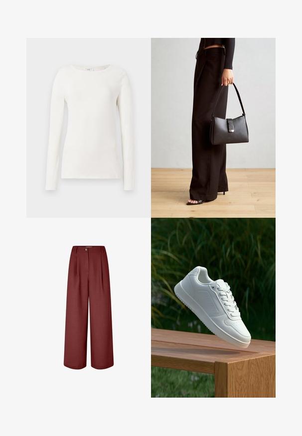 Hvitt bomullsskjorte med lange ermer, rund hals, jevn tekstur og tettsittende silhuett. Ingen synlige mønstre eller detaljer.; Vide benbukser i en rik burgunderfarge, laget av glatt stoff. Har en midje, frontfolder og en enkelt knappelukking.; Hvite sneakers med en glatt syntetisk overdel, perforert tåboks, flate snørebånd og en teksturert såle, vist på en treflate.; Svart håndveske med strukturert form, jevn tekstur og metallisk lås. Kombinert med brede svarte bukser og sandaler med åpen tå på tregulv.; Sett med gullfargede øredobber med ulike design, inkludert stikkere, hoops og hengende deler med perler og rhinestones.