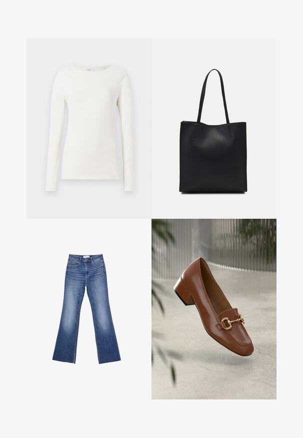 Duga bijela pamučna košulja s okruglim izrezom, glatke teksture i prilagođenog kroja. Nema vidljivih uzoraka ili akcenta.; Plave traperice s visokim strukom, prednjim džepovima i laganim širim izrezom na dnu na bijeloj pozadini.; Smeđi lakirani loafer s kvadratnim vrhom, metalnim lancem kao naglaskom i niskom blok petom; glatka tekstura, minimalistički dizajn.; Crna kožna torba za nošenje s glatkom teksturom, pravokutnim oblikom i dvije duge ručke. Nema vidljivih metalnih dijelova ili ukrasa.