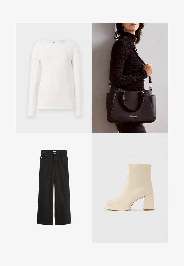 Biała bawełniana koszula z długim rękawem o okrągłym dekolcie, gładkiej fakturze i dopasowanym kroju. Brak widocznych wzorów lub akcentów.; Szerokie czarne dżinsy o wysokim stanie. Posiadają pięć kieszeni, metalowe elementy i czyste wykończenie. Tekstura jest gładka i miękka.; Beżowe skórzane botki za kostkę na niskim obcasie z platformą, o gładkim wykończeniu i lekko kwadratowym nosku, skierowane w lewo na białym tle.; Czarna torebka z teksturowanej powierzchni, podwójnymi uchwytami na górze i regulowanym paskiem na ramię. Posiada złote okucia i boczne kieszenie.