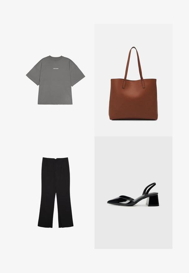 Harmaa ylipitkä t-paita, joka on valmistettu puuvillasta ja jossa on lyhyet hihat sekä pyöreä kaula-aukko. Edessä on teksti "PEGADOR" valkoisena.; Mustat housut suoralinjaisella leikkauksella, joissa on etutaskut ja sivurei'ät helman alla. Valmistettu pehmeästä ja sileästä kankaasta. Sopii eri tilaisuuksiin.; Mustat patentoitu nahkakengät, joissa on säären takaosa ja terävä kärki, sekä geometrinen palikkakorko. Sisältää tyylikkään, minimalistisen muotoilun ja sileän pinnan.; Ruskea nahkainen olkalaukku, jossa on sileä pinta, avoin yläosa ja kaksi olkahihnaa. Omaavat vain minimaalisen ompelun eikä näkyvää metalliosaa.