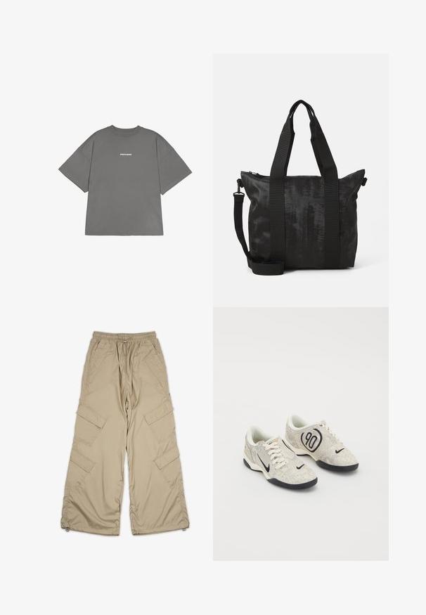 Camiseta gris de gran tamaño hecha de algodón, con mangas cortas y cuello redondo. En la parte frontal aparece el texto "PEGADOR" en blanco.; Pantalones cargo beige con cintura ajustable, múltiples bolsillos laterales y un corte relajado. Hechos de una tela ligera y suave con detalles de costura.; Zapatillas Nike con un upper texturizado en beige y gris, acentos negros, un gran logo de "90" y un cierre de cordones blancos. Suela negra.; Bolsa tote negra con tejido texturizado, asas superiores dobles y una correa de hombro desmontable. Cuenta con un cierre con cremallera para un almacenamiento seguro.