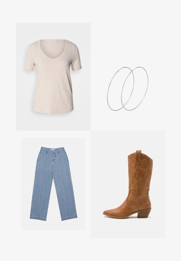 Lühikeste varrukatega V-kaelusega t-särk heledas beežis, valmistatud pehmest, struktureeritud kangast. Kergelt lõtv lõige, sujuva äärisega. Marc O'Polo silt on nähtav.; Heledad sinine laiad püksid, mis on valmistatud denimist. Omavad kõrget talje, nupuvärvi ja nähtavat õmblust. Esiküljel ei ole nähtavaid taskuid.; Kohvitooni nahast cowboy-kork, millel on terav varvas, tikitud keerised varrel ja virnastatud ploki konts. Omab tõmbeava, et seda oleks lihtne jalga panna.; Hõbedased rõngastikkaehingad minimalistlikus disainis. Ümar kuju, sile tekstuur ja õhuke profiil. Kerged ning poleeritud viimistlusega.