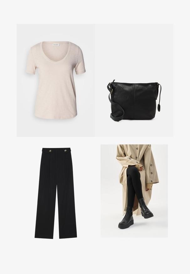 Īsām piedurknēm V-veida kakla T-krekls gaiši bēšā krāsā, izgatavots no mīksta, teksturēta auduma. Nedaudz brīva piegriezuma ar gludu apakšmalu. Redzama Marc O'Polo etiķete.; Melnas platās bikses ar augstu jostasvietu, pogu detaļām uz jostas un priekšējām krokām.; Melnas ādas potītes zābaki ar auklīšu detaļām, paaugstināta platformas zole, un tekstūras melnas legingas, valkātas ar gaiši beidžu trenču mēteļa.; Melnas ādas plecu soma ar platu formu, ar zelta aksesuāriem un regulējamu siksnu. Gluda tekstūra ar minimāliem šuvju detaļām.