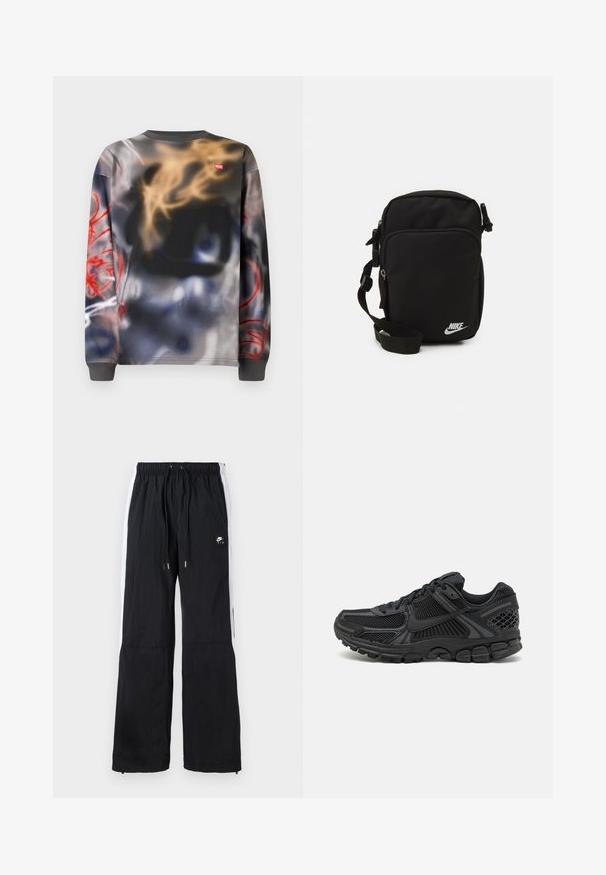 Långärmad crewneck-tröja med abstrakt graffiti-inspirerat mönster i svart, beige, blå och röda toner, med en liten röd Diesel-logga.; Svarta sportbyxor med elastisk midja, vita sidostråk, dragkedja vid bensluten och en gummilogo detalj fram.; Svart träningsskor med ovandel i mesh, gummisula och texturerade detaljer. Designen inkluderar ett framträdande snörningssystem och en vadderad sula.; Svart nylon crossbody-väska med justerbar rem, blixtlåsfack och en vit Nike-logotyp på framsidan. Slät yta, rektangulär form.