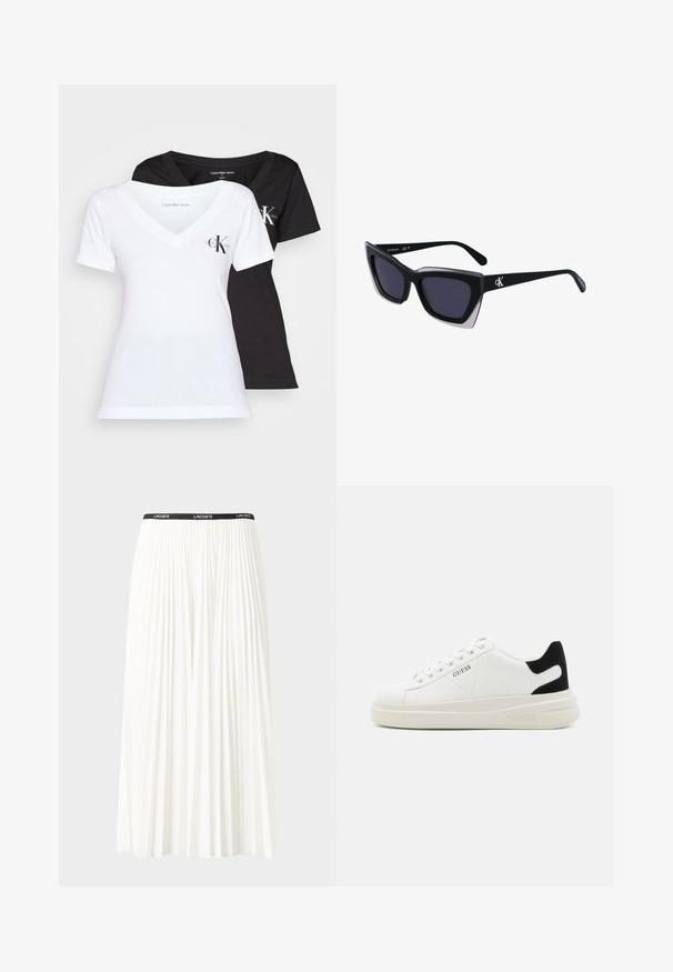 Two V-neck T-shirts in black and white. Both are made of soft cotton, featuring short sleeves and a small "CK" logo on the chest.; Pleated white skirt with a black elastic waistband featuring the "LACOSTE" logo. Mid-length design with soft texture.; White leather sneakers with a thick white sole, black suede heel accent, and embossed logo on the side. Laced design with six eyelets.; Black oversized sunglasses with a geometric shape, featuring dark lenses and a contrasting grey detail on the frame. Logo on the arm.