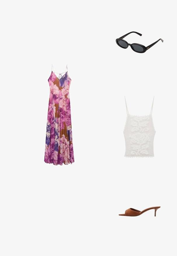 Bela kvačkana majica bez rukava s valovitim rubovima i tankim naramenicama, s cvjetnim uzorkom, izrađena od teksturiranog materijala nalik čipki.; Cvetna maksi obleka z mešanico vijoličnih in rjavih odtenkov, lahkotna tkanina, tanke naramnice in tekoča silhueta.; Rjave semiš odprte mule s ukrivljenim dizajnom, ki se ponašajo z nizko stiletto peto in gladkimi, minimalističnimi linijami.; Črne oversize sončne očala z ovalnimi lečami, gladkim plastičnim okvirjem in zlatenimi detajli na templjih. Temne leče zagotavljajo zaščito pred soncem.; Woven straw torba z bambusovimi ročaji, z teksturiranim frufru dizajnom v naravni bež barvi in z zlatim verižnim pasom.