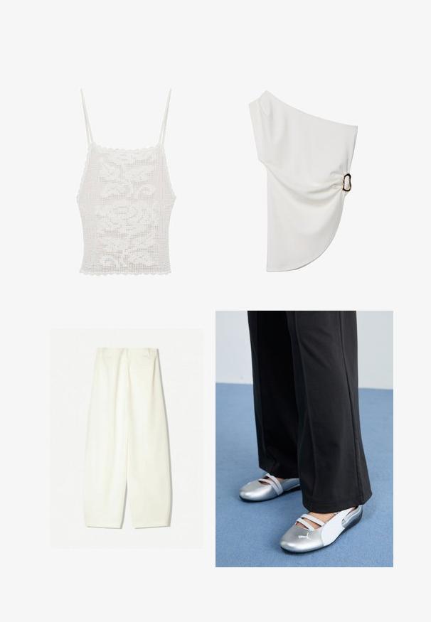 Vit virkad tanktopp med snäckkant och tunna axelband, prydd med ett blommönster, tillverkad av texturerat spetstyg.; Off-the-shoulder vit blus i mjukt tyg, med en samlad detalj och en metallring som accent på ena sidan.; Vida byxor i ett mjukt krämfärgat tyg, med en slät yta, framfickor och en avslappnad passform med midjehögt midjeband.; Silver- och vita platta skor med korsade remmar och texturerad detalj, kompletterat med lösa svarta byxor. Ställt mot ett blått golv.