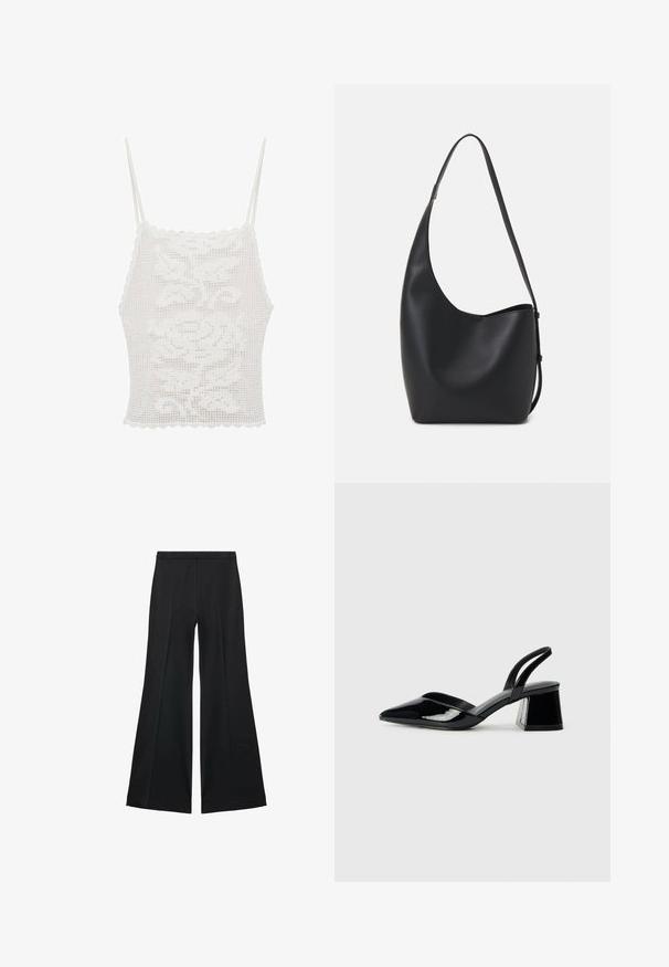 Biele háčkované top s vlnitými okrajmi a tenkými ramienkami, so vzorom kvetov, vyrobené z textúrovanej čipky.; Čierne široké nohavice s hladkou textúrou, s prednými záhybmi a elegantným strihom. Materiál je ľahký a pruhlý.; Čierne lakované kožené sandálové podpätky s špicatou špičkou a geometrickým blokovým podpätkom. Disponujú elegantným, minimalistickým dizajnom a hladkým povrchom.; Čierna kožená hobo taška so hladkou textúrou, zakriveným tvarom a jedným nastaviteľným popruhom; má široké otvorenie na vrchu.