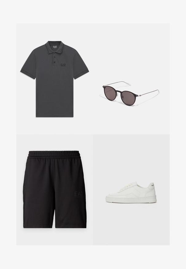 Tmavohnedá polokošeľa s krátkym rukávom a golierom, s tromi gombíkmi a malým logom EA7 Emporio Armani na ľavej hrudi.; Čierne športové šortky vyrobené z ľahkej tkaniny, s elastickým pásom a bočnými panelmi z jemnej sieťoviny. Na prednej strane je potlačené logo značky.; Biele kožené tenisky s hladkým povrchom, okrúly špičkový dizajn, ploché šnúrky a textúrovaná podrážka. Obsahujú jemné logo na päte.; Čierne okrúhle slnečné okuliare s tmavými sklami a tenkými kovovými ramenami. Obsahujú priehľadné konce rámov a strieborné akcenty na pántoch. Minimalistický dizajn.