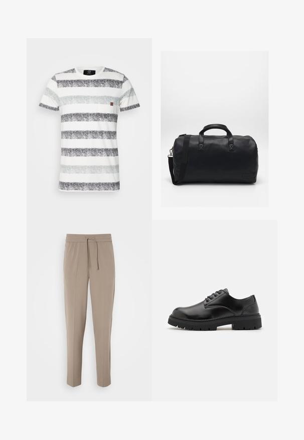 T-shirt en coton avec des rayures horizontales noires, grises et gris clair. Comprend une petite poche poitrine et un col rond.; Pantalons beige clair avec une taille élastique, cordon de serrage ajustable et jambes fuselées. Le tissu semble lisse avec un léger éclat.; Chaussures en cuir noir avec un bout rond, un laçage et une semelle en caoutchouc épaisse et texturée. Présente des coutures le long du bord et une finition lisse.; Sac de sport noir en matériau synthétique texturé. Doté de deux poignées et d'une bandoulière réglable. Design simple sans motifs visibles.