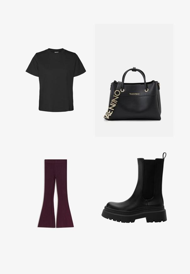 Schwarzes kurzärmliges T-Shirt aus Baumwolle. Hat einen runden Halsausschnitt und einen geraden Saum mit entspannter Passform. Weiche Textur, keine Muster oder Akzente.; Ausgestellte Leggings in sattem Burgunderrot, mit einem strukturierten Rippdesign und einem sicheren, dehnbaren Bund für Komfort und Passform.; Schwarze Leder Chelsea-Stiefel mit elastischen Seitenteilen, robuster Gummisohle und abgerundetem Zeh. Texturierte und glatte Oberfläche.; Schwarze Lederhandtasche mit goldenen Beschlägen, ausgestattet mit zwei oberen Griffen und einem dekorativen Logo-Gurt. Texturierte Oberfläche und strukturiertes Design.