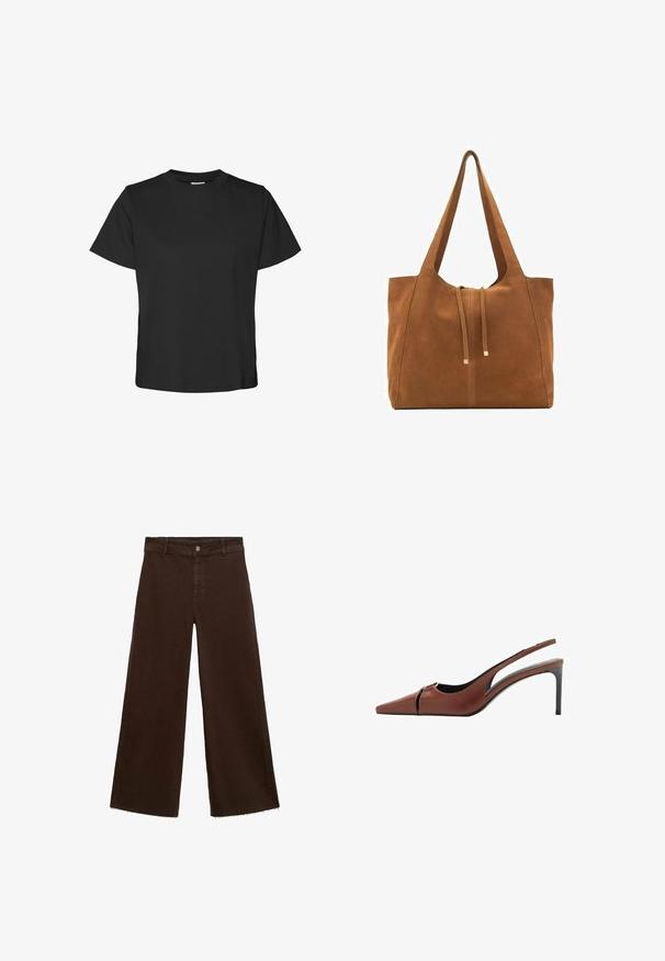 Black short-sleeve t-shirt made of cotton. Features a round neckline and straight hem with a relaxed fit. Soft texture, no patterns or accents.; Brown wide-leg trousers in cotton blend, featuring a frayed hem, front button closure, and classic five-pocket design. Minimalistic and versatile.; Brown leather slingback heel with a pointed toe, cutout detail at the vamp, and a sleek stiletto heel. Smooth texture.; Brown suede tote bag with two long straps, drawstring closure, and minimalistic design. Smooth texture and no visible hardware accents.