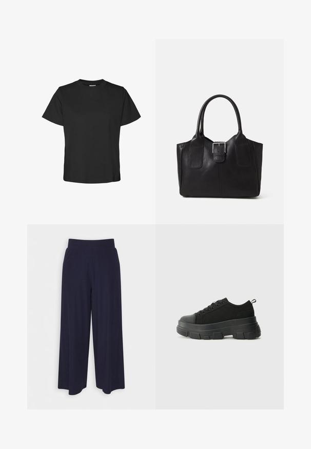 Črna kratka majica s kratkimi rokavi iz bombaža. Ima okroglo ovratnico in ravno rob ter sproščen kroj. Mehka tekstura, brez vzorcev ali poudarkov.; Široke hlače iz temno modrega blaga z rebrasto teksturo. Imajo gladek pas in tekoč silhueto, ki seže do sredine tele.; Črne teniske z debelim gumijastim podplatom, zgornji del iz teksturirane tkanine, okrogla punta in zavezovanje z vrvicami. Vključujejo ojačane luknje za vrvice in zanko na hrbtu.; Črna usnjena torba s gladko teksturo, strukturirano obliko, dvema ročkama in izrazitim srebrnim sponko na sprednji strani.