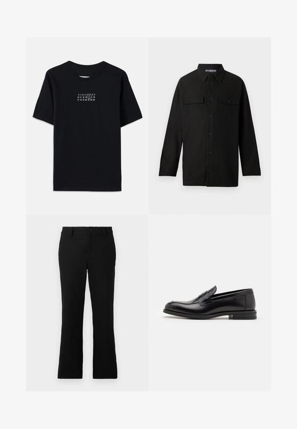 Melnas kokvilnas t-krekls ar īsām piedurknēm un apaļu kakla izgriezumu. Uz krūtīm atrodas balts skaitlis ar stilizētu '6'.; Melns krekls ar uzdāvinājuma apkakli, garām piedurknēm, divām krūšu kabatām ar atloki un taisnu apakšmalu. Izgatavots no gludas auduma.; Melni plati bikses, izgatavotas no kokvilnas sajaukuma auduma, ar pogu aizdari, jostas cilpām un gludu tekstūru, bez redzamām rakstām.; Melnas ādas kurpes ar gludu tekstūru, noapaļu purngalu un dekoratīvu siksniņu pāri priekšpusei. Zems sakrauts papēdis, minimālisma dizains.