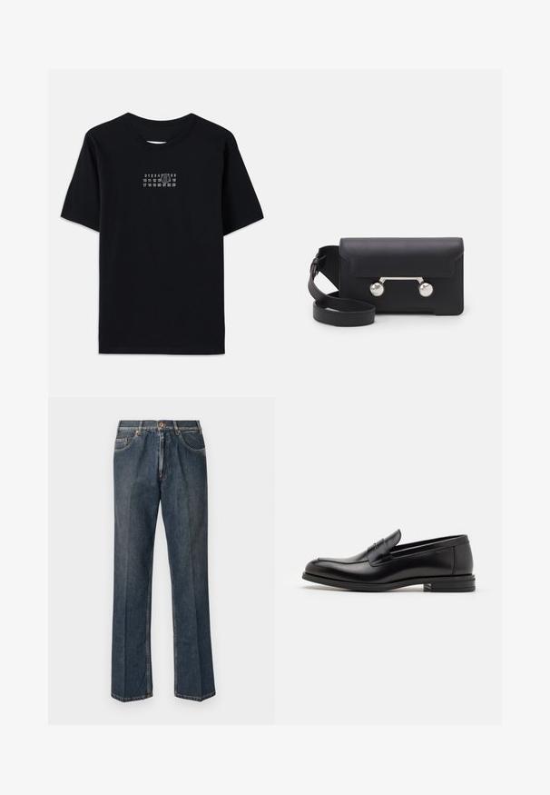 Černé bavlněné tričko s krátkými rukávy a kulatým výstřihem. Vyznačuje se bílým číselným potiskem s stylizovaným číslem '6' přes hruď.; Tmavě modré džíny rovného střihu s předním poutkem, zipem, dvojitými předními kapsami a viditelnými vertikálními záhyby na nohavicích.; Černé kožené polobotky s hladkou texturou, zaoblenou špičkou a zdobným páskem přes nárt. Nízký stohovaný podpatek, minimalistický design.; Černá kožená crossbody taška s klopovým zavíráním, stříbrným kováním a dvěma kulatými detaily. Obsahuje odnímatelný popruh. Hladká textura.