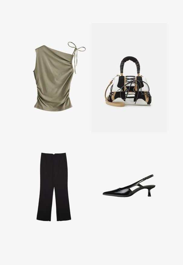 Next SOFT TOUCH RUCHED SLEEVELESS - Top - olive green; Zwarte broek met een rechte pasvorm, voorzien van zijzakken en plooien aan de onderzijde. Gemaakt van zachte, gladde stof. Geschikt voor verschillende gelegenheden.; Zwarte gepatineerde leren slingback hakken met een puntige neus, uitsparing aan de zijkant en een kleine vierkante hak. Gladde textuur met minimale accenten.; Multikleuren handtas met zwart, wit en beige gaas. Voorzien van een textuur handle, vetersluiting en een afneembare schouderband.