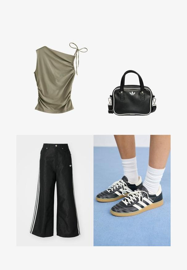 Next SOFT TOUCH RUCHED SLEEVELESS - Top - olive green; Zwarte denim broek met wijde pijpen, voorzien van drie witte strepen aan elke zijkant en een klein wit logo. Heeft voorzakken en een knoopsluiting.; Zwarte leren sneakers met witte strepen, ronde neus, witte veters en een gumrubberen zool. Versterkt met een gevoerd kraag en merkdetails.; Zwarte leren handtas met twee korte handvatten, zilverkleurige hardware, witte accenten en een wit logo. Heeft een gestructureerd oppervlak en een compact ontwerp.