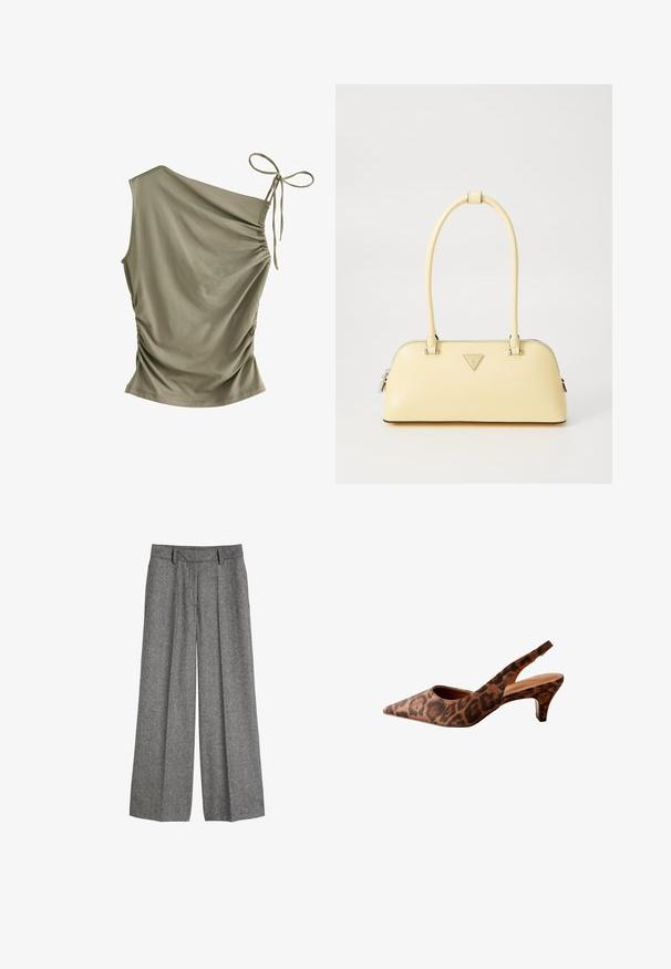 Next SOFT TOUCH RUCHED SLEEVELESS - Felső - olive green; Szürke gyapjú, bő szárú nadrág övhurkokkal és elülső redőkkel, amelyek laza, szabott illeszkedésre készültek.; Leopárdmintás pántos magassarkú cipők hegyes orral, alacsony sarkúak és sima textúrájúak. Oldalt és hátul kivágott dizájnnal rendelkeznek.; Sárga lakkbőr kézitáska lekerekített formával, egyetlen felső fogantyúval és ezüst logó táblával. Cipzáras záródás és sima textúra jellemzi.