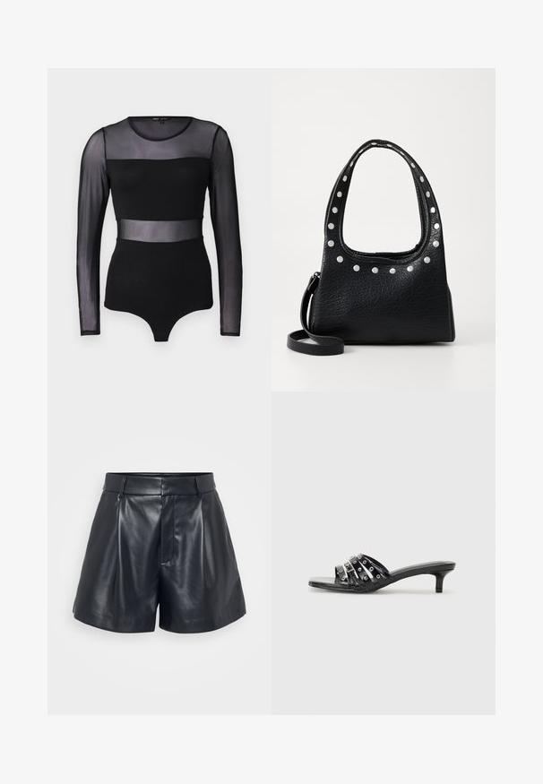 Black long-sleeve bodysuit with sheer mesh panels across the shoulders and waist, featuring a smooth texture and fitted design.; Black leather shorts with a smooth texture, tailored design, pleated front, and belt loops; features a hidden zipper pocket on the side.; Black heeled sandals with multiple glossy straps and metallic accents, featuring a pointed toe and modest kitten heels. Smooth texture.; Black textured leather handbag with silver studs along the top edge and handles, featuring a short handle and a detachable strap.; Silver hoop earring with a polished finish, featuring small gold accent details and a round shape, worn on the lobe.