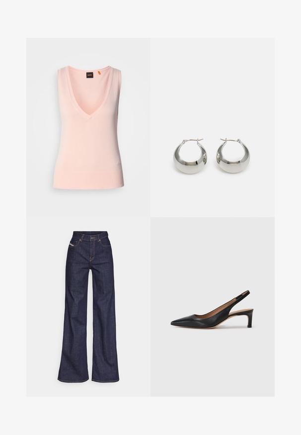 Lys rosa ermeløs genser med dyp V-hals, ribbestrikket kant, glatt tekstur og brodert logo nederst til venstre.; Mørkeblå vide jeans i denim med høy midje, med oransje sømmer, fem-lomme-design og knappelukking.; Svart lær slingback pumpe med spiss tå, lav hæl og en jevn tekstur. Har en tynn justerbar stropp for en sikker passform.; Sølvmetalløreringer med en glatt, skinnende overflate og et strukturert, rundet design. Har en hengslet lås for sikker bruk.