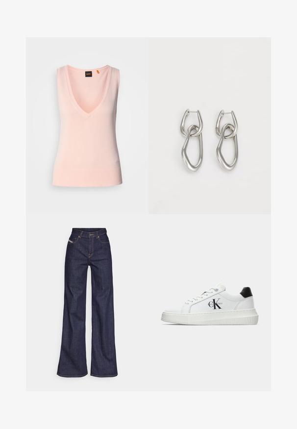 Light pink sleeveless sweater with a deep V-neck, ribbed hem, smooth texture, and embroidered logo on the lower left side.; Dark blue wide-leg jeans in denim fabric with a high waist, featuring orange stitching, five-pocket design, and a button closure.; White low-top sneaker with black heel tab, platform sole, laces, and Calvin Klein "CK" logo on the side.; Calvin Klein STATEMENT LINKS - Earrings - silver-coloured