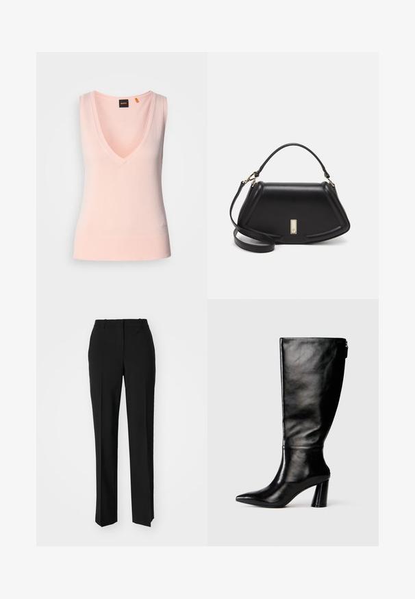 Helles rosa ärmelloses Sweatshirt mit einem tiefen V-Ausschnitt, geripptem Saum, glatter Struktur und gesticktem Logo auf der unteren linken Seite.; Schwarze, taillierte Hose mit geradem Bein, aus einem glatten Stoff und mit klaren Falten an der Vorderseite. Keine sichtbare Hardware.; Knöchelhohe schwarze Lederstiefel mit einer spitzen Zehe, glatter Oberfläche und einem klobigen Absatz. Verfügt über einen Reißverschluss hinten.; Schwarze Lederhandtasche mit einem strukturierten Design, das eine verkürzte Form, einen oberen Griff und goldfarbene Hardware-Details aufweist. Verstellbarer Schulterriemen ist enthalten.