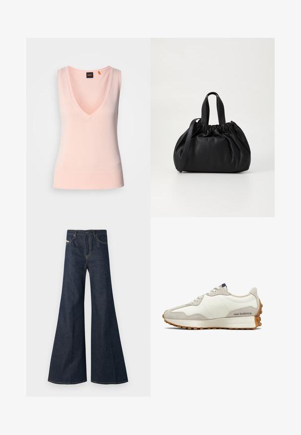 Pulover fără mâneci de culoare roz pal, cu decolteu în V adânc, tiv ribit, textură netedă și logo brodat în partea stângă jos.; Jeans negri închis, evazați, din denim, având talie înaltă, accente din fir auriu și două buzunare frontale cu închidere prin buton.; Tenisici alba si bej cu un superior din piele neteda, accente din suede, varf rotund si o talpa din cauciuc texturat. Numele brandului imprimat pe lateral.; Geantă de mână din piele neagră cu un design cu partea superioară plisată, având două mânere scurte și o curea lungă ajustabilă. Textură netedă, formă rotunjită.
