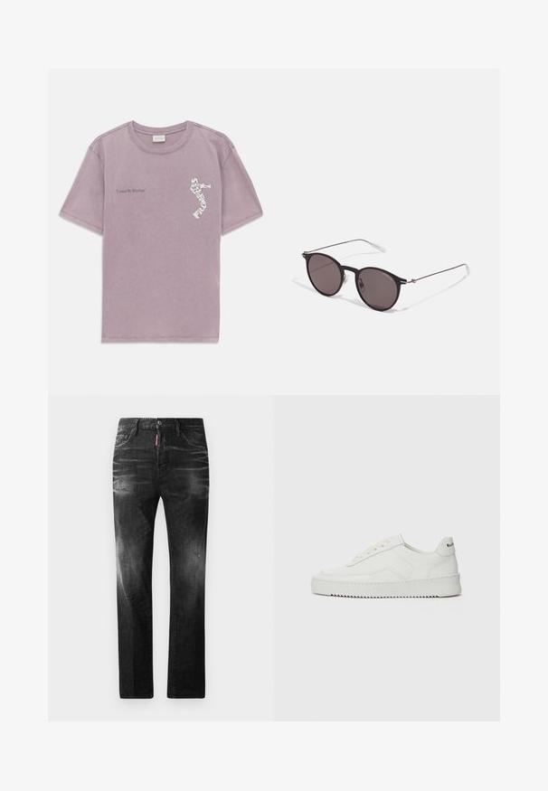 Lavandas īsām piedurknēm T-krekls ar uzrakstu "Vienoti ritmā" kreisajā krūtīs un trompetista grafiku, kas veidota no uzraksta "FILMMAKER", labajā krūtīs.; Melni džinsi no denima ar taisnu piegriezumu. Iespējas ietver izbalējušas vietas, nelielas nodiluma pazīmes, klasisko piecu kabatu dizainu un pogu aizdari.; Baltas ādas sneakers ar gludu virsmu, apaļu pirkstu daļu, plakaniem šņorēm un teksturētu zoli. Satur diskrētu logotipu uz papēža.; Melni apaļi saulesbrilles ar tumšiem lēca un plānām metāla stangām. Iekļautas caurspīdīgas tempļu galviņas un sudraba akcenti pie eņģes. Minimalistisks dizains.