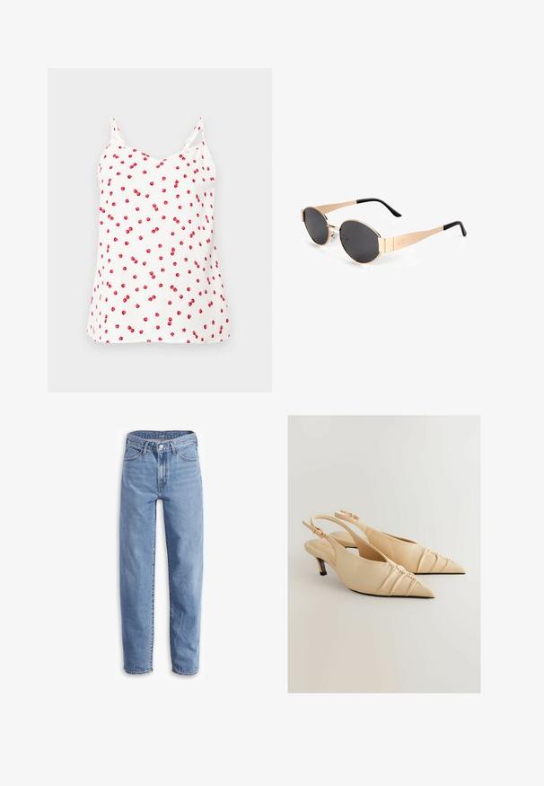 Cămașă albă din materiale fine, cu bretele subțiri, având un model de cireșe roșii pe întreaga suprafață. Material moale, croi lejer, decolteu în V și tiv drept.; Jeans de culoare albastru deschis, din denim, cu o croială lejeră, picior drept, design cu cinci buzunare și margini desfăcute pentru un aspect casual.; Sandale cu toc slingback din piele bej, cu vârf ascuțit și detalii cu textură strânsă. Dispune de un toc mic și o curea pentru gleznă ajustabilă.; Ochelari de soare ovali cu ramă aurie și lentile închise, având un design elegant, brațe subțiri și un accent negru la tâmplă. Numărul modelului L37.