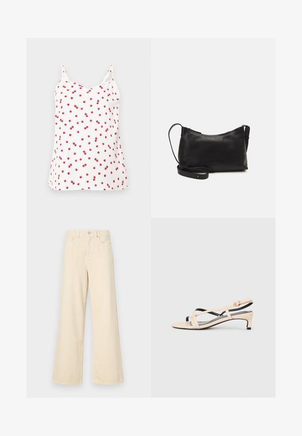 Camisola bianca con spalline sottili, caratterizzata da un motivo a ciliegie rosse. Tessuto morbido, vestibilità comoda, scollatura a V e orlo dritto.; Jeans beige a gamba larga in cotone. Caratterizzati da chiusura con bottone, passanti per cintura e tasche anteriori con una consistenza liscia e morbida.; Sandalo slingback in pelle beige con cinturini incrociati, tacco basso e dettagli neri. Texture liscia e design minimalista.; Borsa a spalla in pelle nera con una texture liscia, forma curva, tracolla regolabile e chiusura con zip. Design minimalista senza ornamenti.
