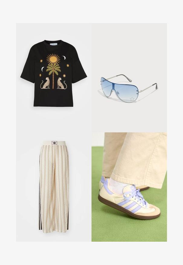 Black cotton t-shirt featuring a central palm tree design, flanked by two leopards, sun, and moon graphics in gold and cream tones.; Cream-colored wide-leg pants with a zigzag pattern, featuring a black logo waistband and side black stripes. Lightweight, textured fabric.; Cream and lavender sneakers with three stripes and a textured brown sole, featuring laces and a padded heel. Soft fabric upper.; Aviator sunglasses featuring a gradient blue lens, silver metal frame, and decorative star accents on the lens. Smooth and sleek design.