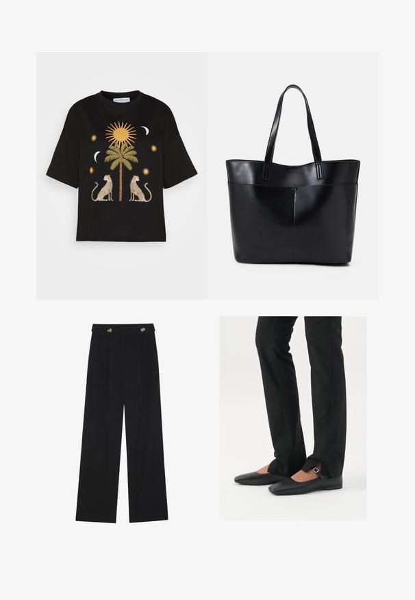Sort bomulds-t-shirt med et centralt palmetrædesign, flankeret af to leoparder samt sol- og månegrafik i gyldne og cremefarvede nuancer.; Sorte vide bukser med høj talje, knapdetaljer på taljebåndet og frontfald.; Sorte læder balletflade sko med spids tå, rem med sølvspænde, parret med sorte skræddersyede bukser med slids i bunden.; Sort læder tote taske med to lange håndtag, en glat tekstur og en struktureret form. Har en forlommem for ekstra opbevaring.